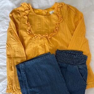 Wide leg jeans with yellow blouse